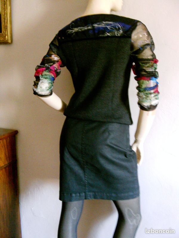 Pull CARLOPIK bi matière - Jersey anthracite (laine mélangée) + tissu imprimé transparent multicolore - T 40 / 42 - EXCELLENT ETAT (image 7)