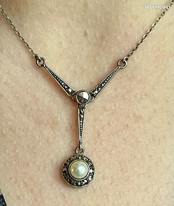 Collier Ancien En Acier Et Nacre – Pendentif Créateur Perle Art Nouveau