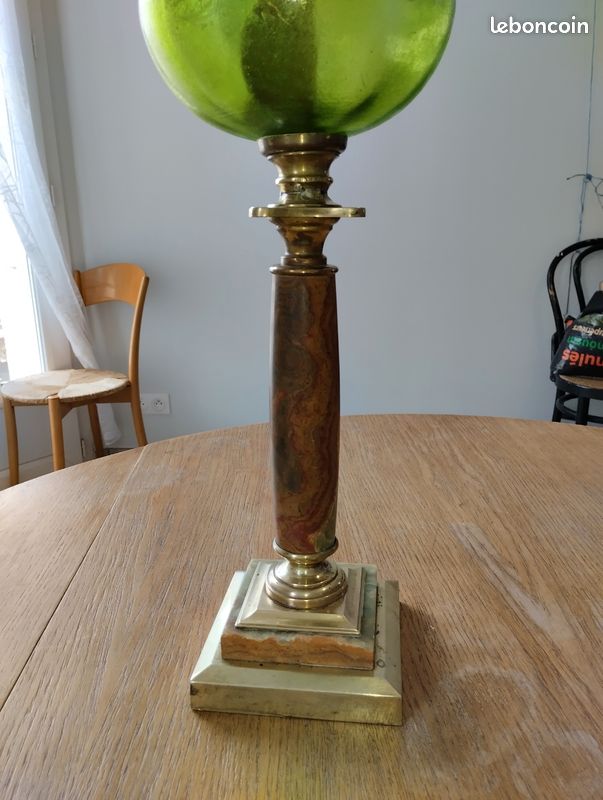 Lampe à Pétrole Ancienne Verre Turquoise Cosmos 8 Brûleurs Vers 1900 - Style Art Nouveau