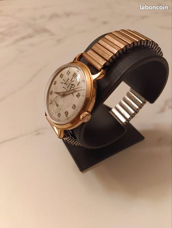 Montre Vintage Lip R25 Homme - Mouvement Mécanique Manuel Années 1950 - Boîtier Doré, Bracelet Noir