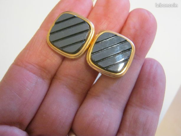 Boutons De Manchette Vintage MURAT Plaqué Or Avec Onyx Noir - Modèle 2808, Patine D'usage élégante