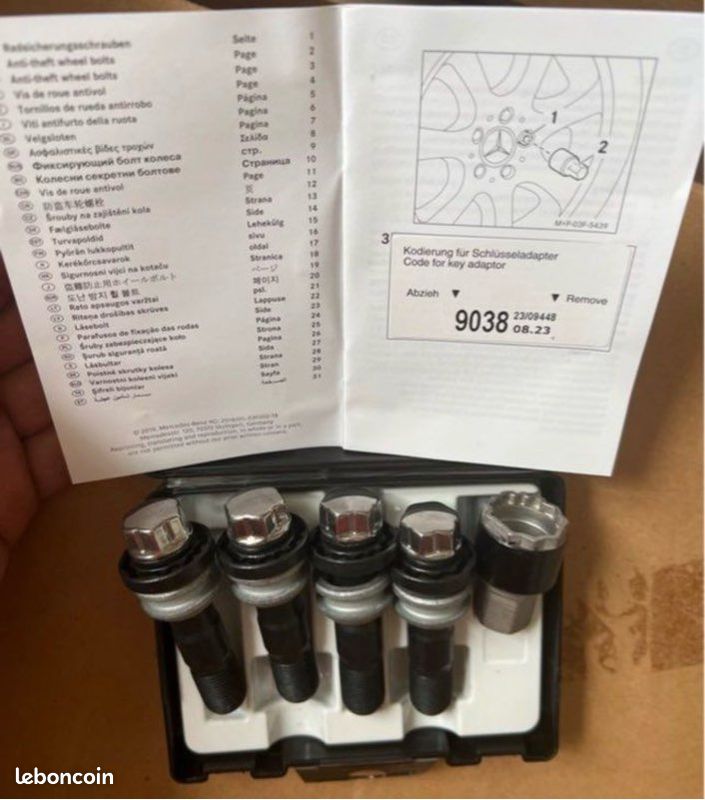 Coffret écrous boulons goujons de sécurité antivol de roue jante Mercedes A0009909719 A0009909819 et AMG GLE GLS SUV coupé W167 V167 C167 2018 2019 2020 2021 2022 2023 2024 2025 neuf original (image 3)