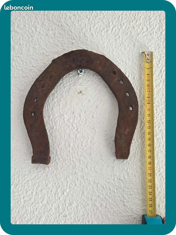 Lot ancien matériel d’écurie en fer forgé – porte-selle, crochet et fer à cheval (image 9)