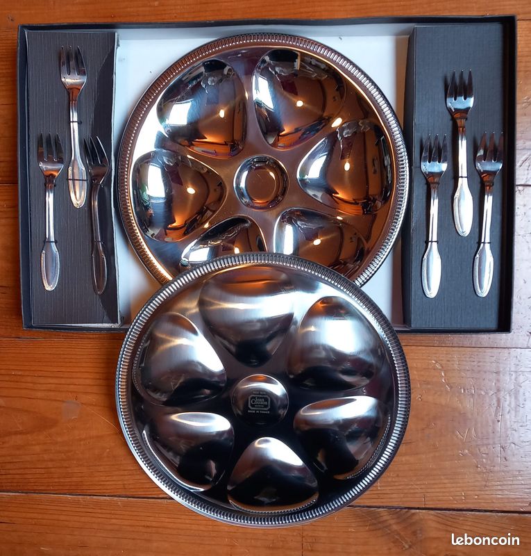 Lot De 2 Assiettes à Huîtres En Acier Inoxydable - Plateaux Service Avec Compartiment Sauce
