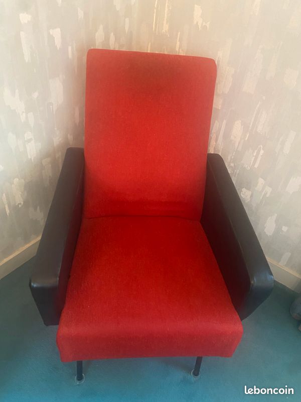 Lot de 2 Fauteuils vintage en tissu rouge et noir Années 60 (image 1)