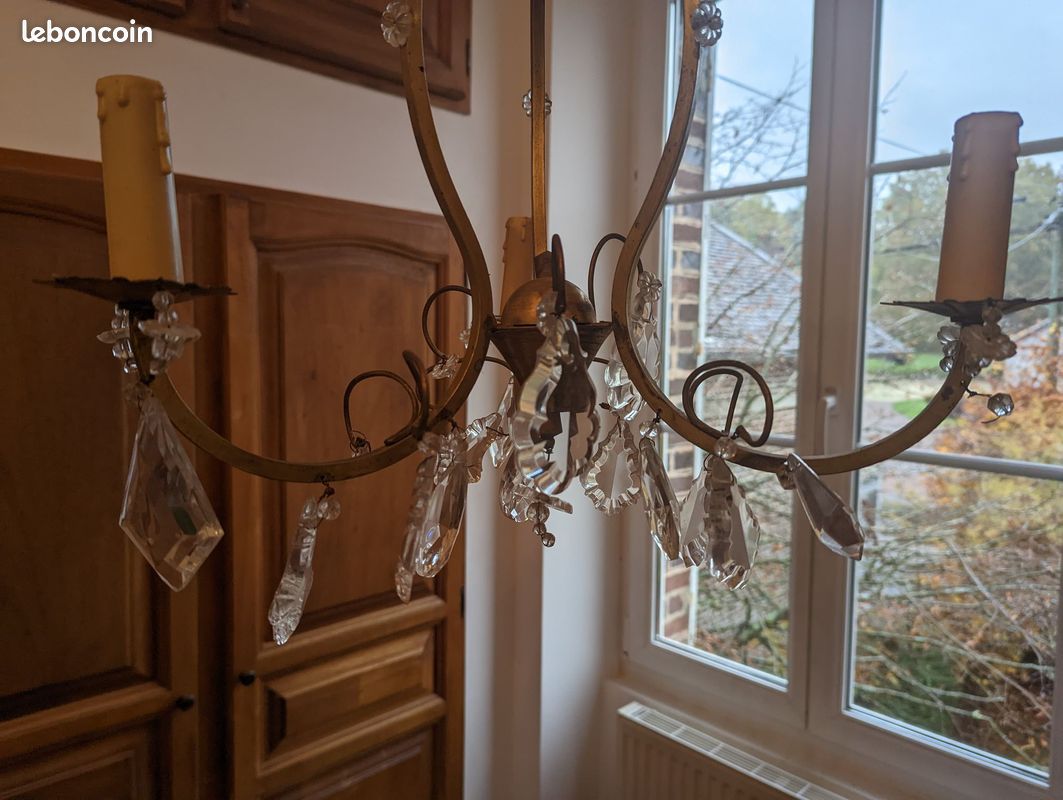 Lustre ancien laiton bronze pampilles 3 feux (image 4)