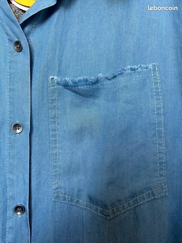 Chemise, veste en lyocel bleu jean et broderie anglaise beige, doré - TU jusqu’au 52 - neuve (image 3)