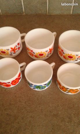 Lot de 6 assiettes à dessert Arcopal France Décor floral Vintage Blanc/Jaune Céramique - Vendu