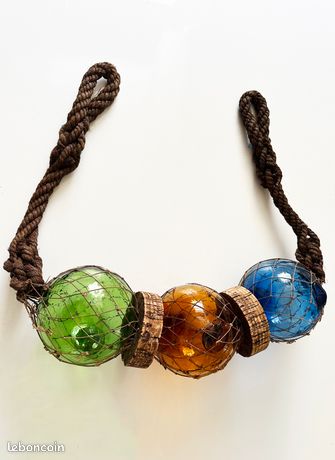 Ancien Flotteur de Pêche en Verre avec Filet en Corde