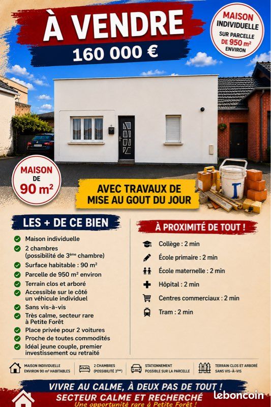 Maison 3 pièces 90 m² · à Petite-Forêt · 90 m² · 160 000 €