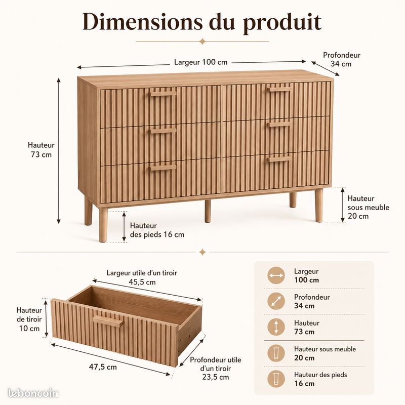 Armoire salon pièce maitresse 6 tiroirs bois rainuré meuble design (image 6)