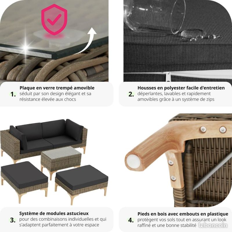 Salon de Jardin Modulable Marron - Canapé - 2 Tabouret Pouf - Table de Jardin - Extérieur Balcon Terrasse (image 3)