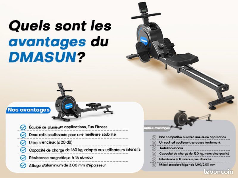 Rameur Magnétique MOSUNY – 16 Niveaux, Double Glissière, Ultra Silencieux, Compatible Appli, Support 160 Kg, Pliable