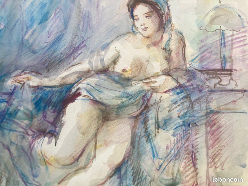 Hovhannes Haroutiounian XXe Dessin aquarellé Nu Femme allongée elegante Arménien (image 3)