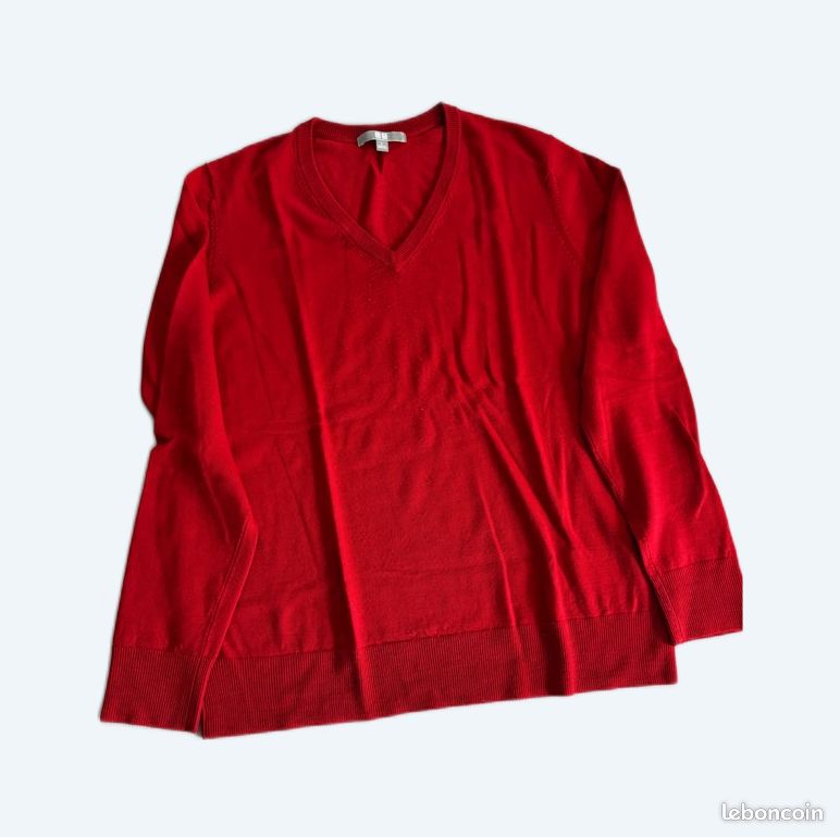 Pull rouge femme en V pure laine Vêtements