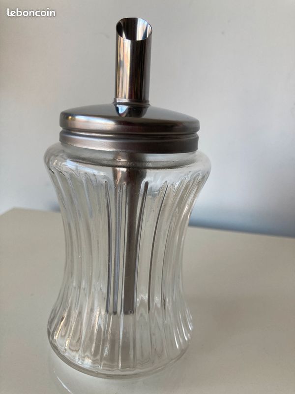 Ancienne Joli Sucrier Saupoudreur Verre et Inox Gravé BMF N N