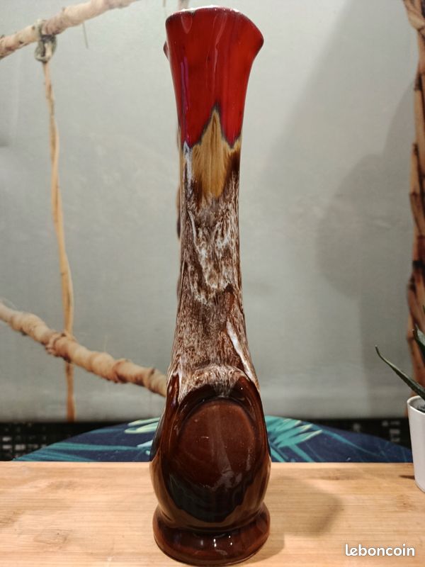 Vase Céramique Vallauris Vintage – Décor Feuillages Bleu, Marron, Blanc – 25 Cm