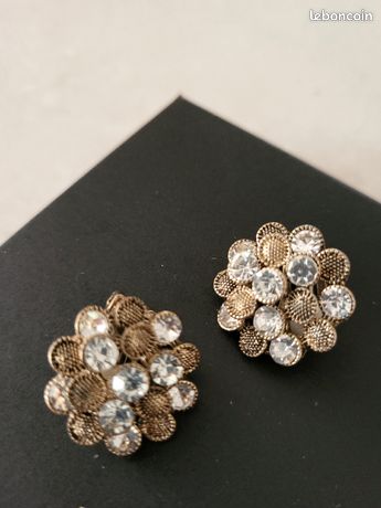 Boucles D'Oreilles Vintage Bala Boosté - Métal Doré Brossé, Signé, Clips, Occasion