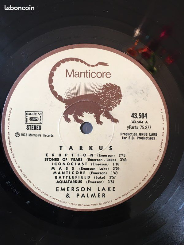 Disque vinyle 33 tours. Emerson Lake & Palmer. Tarkus. Manticore France, 1973. Réf : 43.504. Sans pochette, disque rayé. Prix à débattre. Possibilité d’achat groupé (image 2)