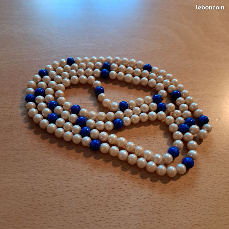 Collier Ancien Perles Bleues En Pierre - Style Années 70 - Occasion