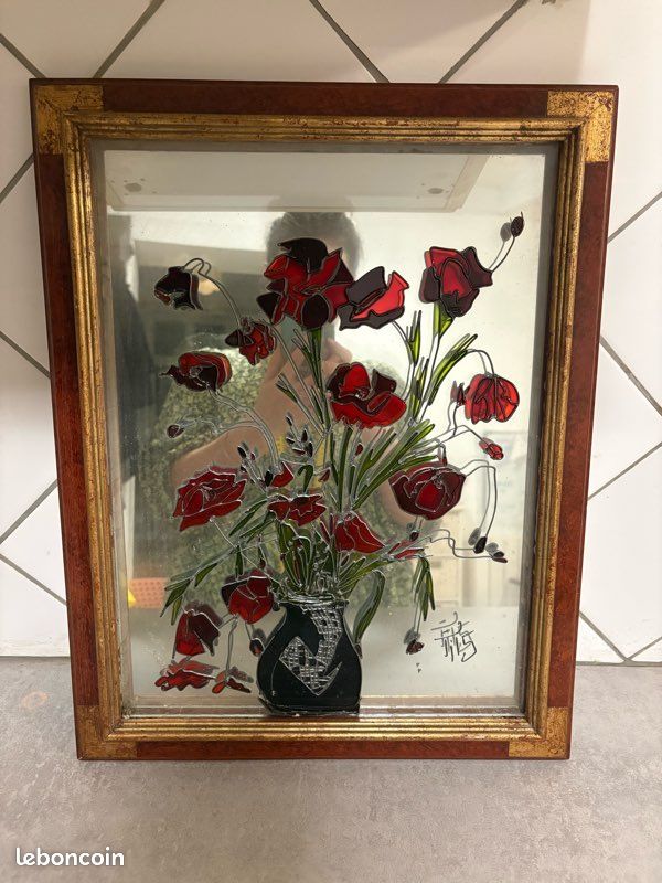 Ancien Cadre Sous Verre – Bouquet De Roses En Tissu – Décoration Fleurie Vintage