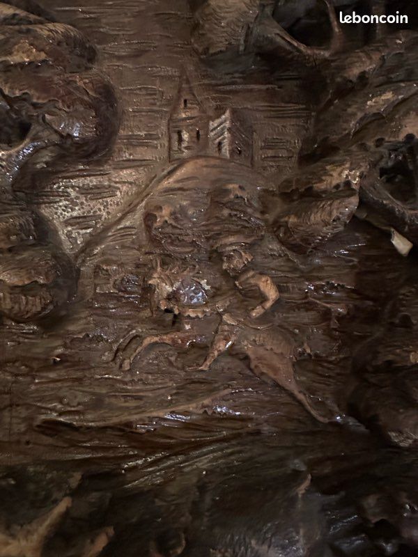 Ancien bas relief en bois sculpté - scène moyenâgeuse de chasse au cerf (image 2)
