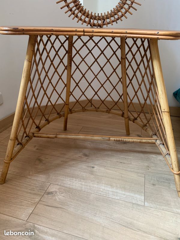 Coiffeuse antiquaire forme soleil très jolie bois/osier assorti d'un tabouret en osier (image 3)