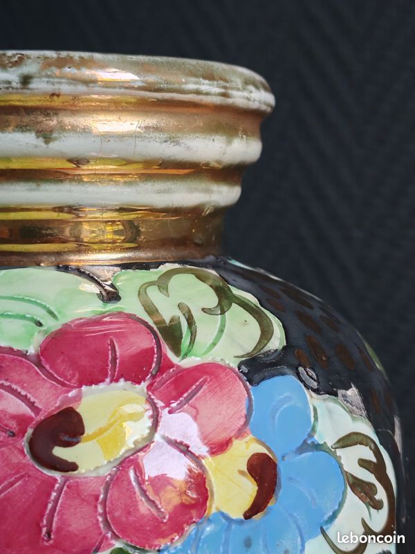 Vase Vintage Céramique Arte Veneziana, Décor Fleurs Peint Main et Dorure Or, Poterie Italienne Ancienne, Déco Shabby Chic Bohème (image 10)