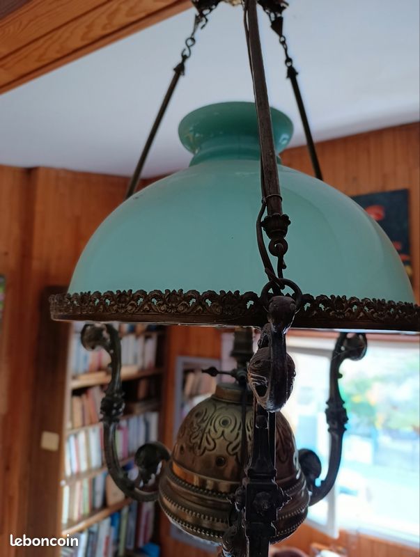 Ancienne Suspension Lustre Globe En Verre Moulé Plafonnier Vintage