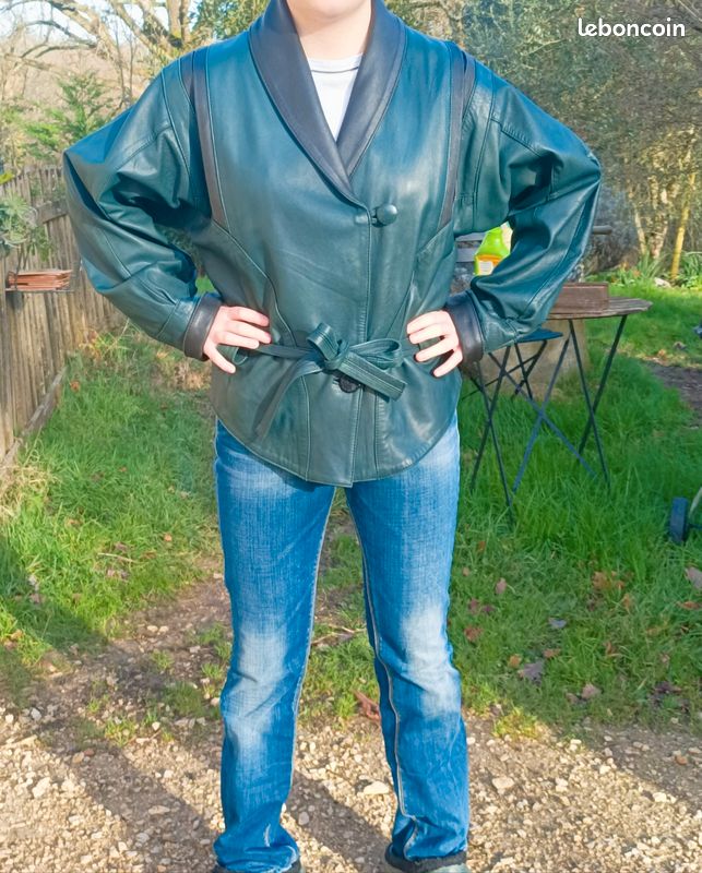 Blouson veste blazer cuir vert noir années 80 cintrée loose oversize ancien vintage (image 1)