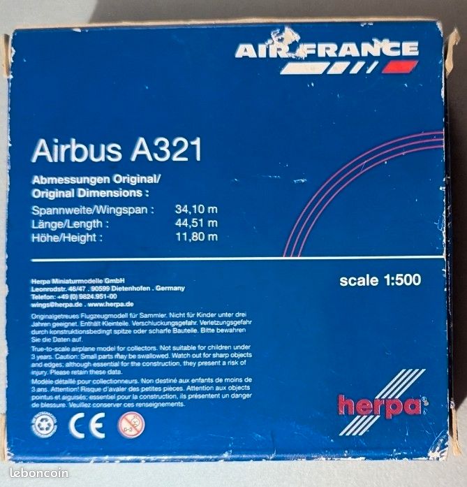 Ancienne Maquette Avion Airbus A321 "Herpa Wings 1:500 Air France Airbus A321 F-GTAI" (image 4)