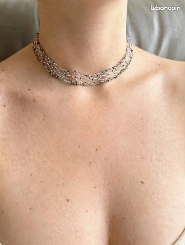 Collier ras de cou Sohana Paris — Style résille & perles gris/noir NEUF (image 1)