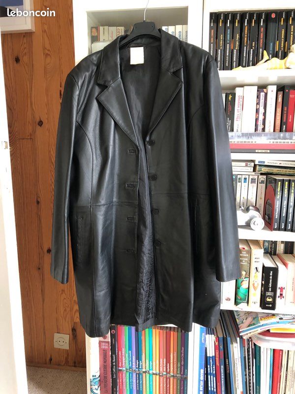 Manteau Vintage Femme En Cuir Véritable & Laine - Blouson Aviateur Noir Taille 48 - Années 80