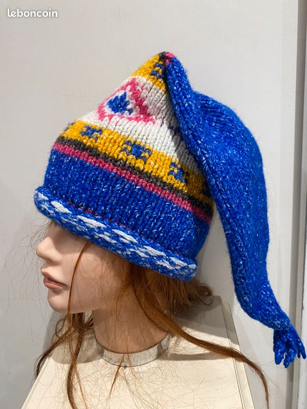 Bonnet pointu laine artisanale Lutin ethnique Bleue, multicolore atypique (image 4)