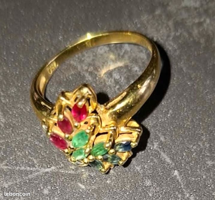 Bague En Or 18 Carats (750) Jaune Avec 7 Rubis - Taille 51 (16.2 Mm) - Ajustable - Pour Femme