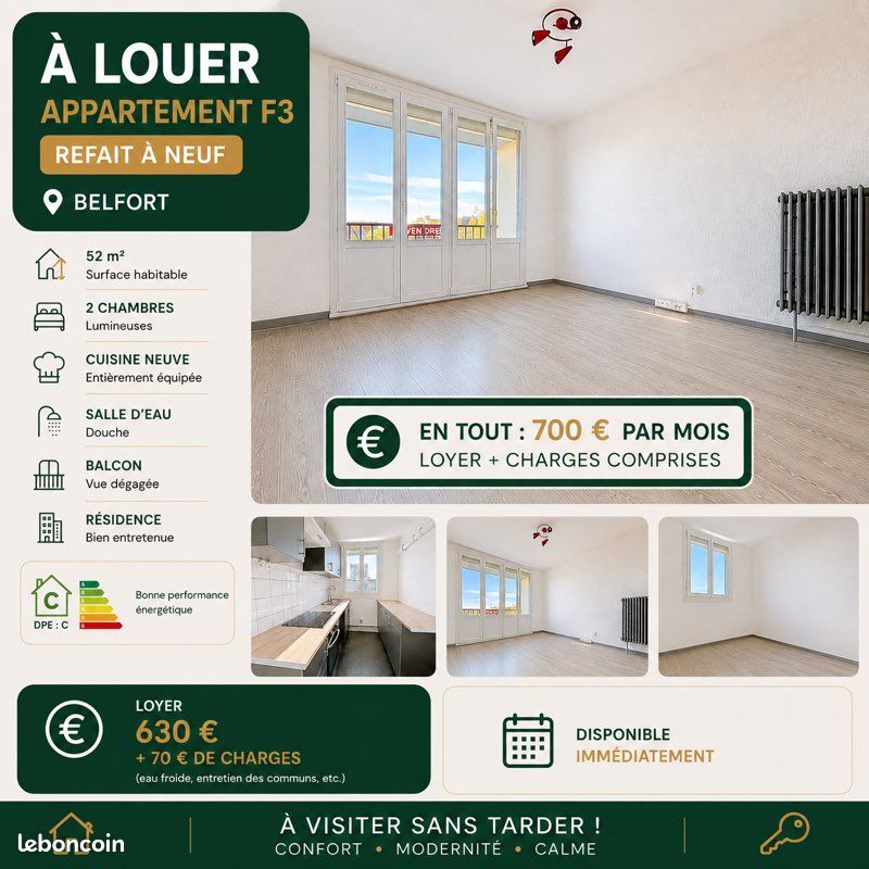 Appartement 3 pièces 52 m² · à Belfort · 52 m² · 700 €/mois