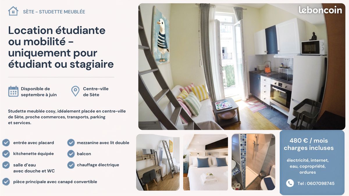 Appartement 1 pièce 12 m² · à Sète · 12 m² · 480 €/mois