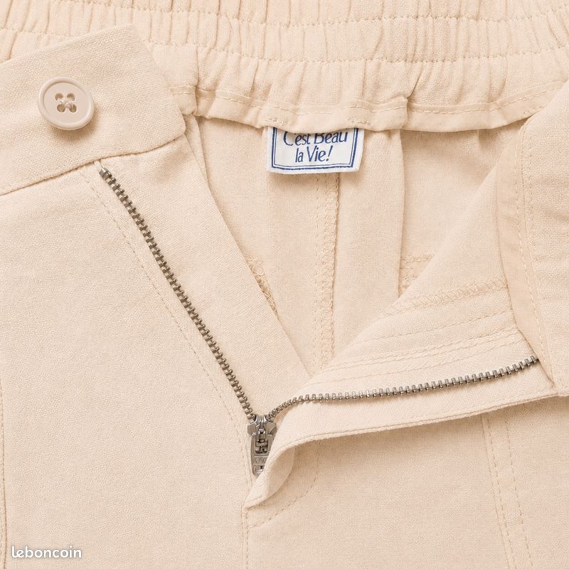 Pantalon Femme Large Poches Coupe Droite Fluide été Lin Beige/Sable - C'EST BEAU LA VIE – Taille 42 / L – Chic Plage Vacances (image 7)