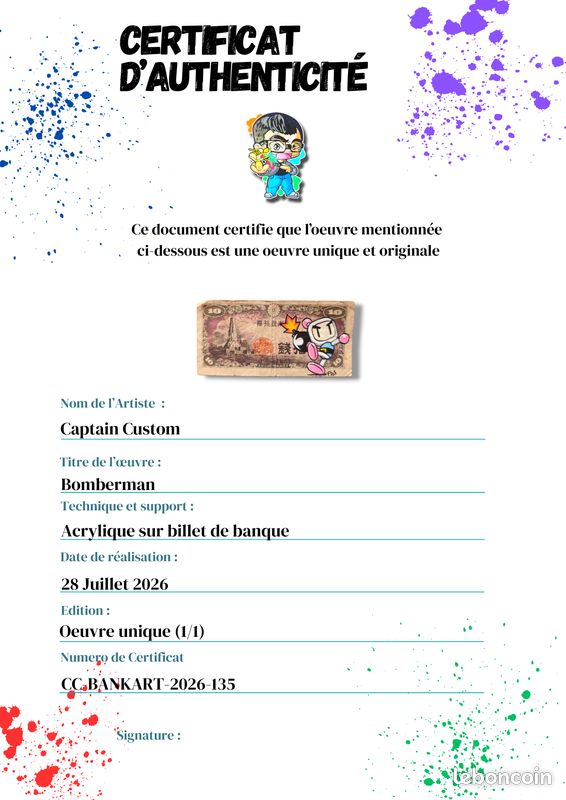 Œuvre Street / Pop Art originale - Bomberman sur billet vintage japonais (image 4)