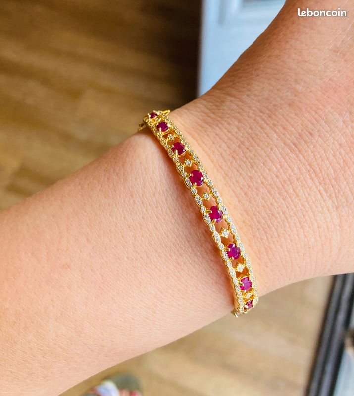 Luxe accessible au quotidien : Bracelet jonc en argent massif 925 plaqué or et #rubis naturels (Certificat) (image 5)