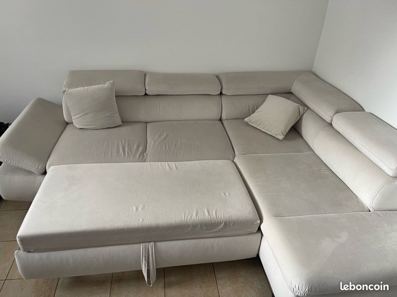 Canapé d’angles convertible en velours beige - Droit (image 4)