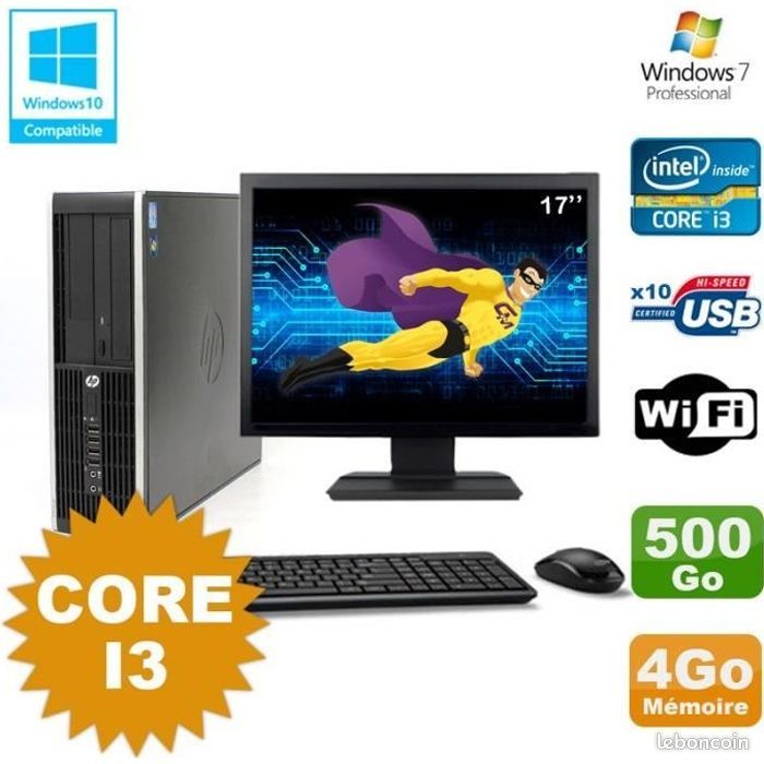 Lot PC HP Compaq 6200 Pro SFF Core i3 3.1GHz 4Go 500Go DVD WIFI W7 + Ecran 17 (image 1)