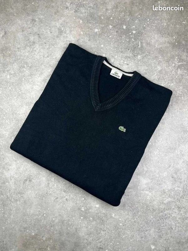 Pull À Col V Lacoste Taille (5) L Homme Noir Logo Brodé #LA504 (image 2)