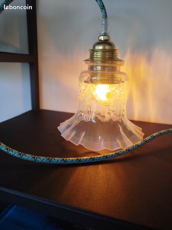 Grand Abat-jour Suspension Tulipe En Opaline - Vintage Luminaire - Très Bon état