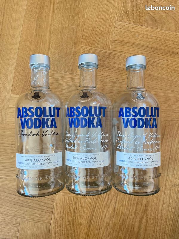 Lot 3 Bouteilles vides Sweden Vodka Absolut, bouchon solide à visser d'origine - Mariage, Banquet, Bar, Soirée privée, Décoration, Vitrine; Carafe & Pichet Restaurant; Photophore (image 8)