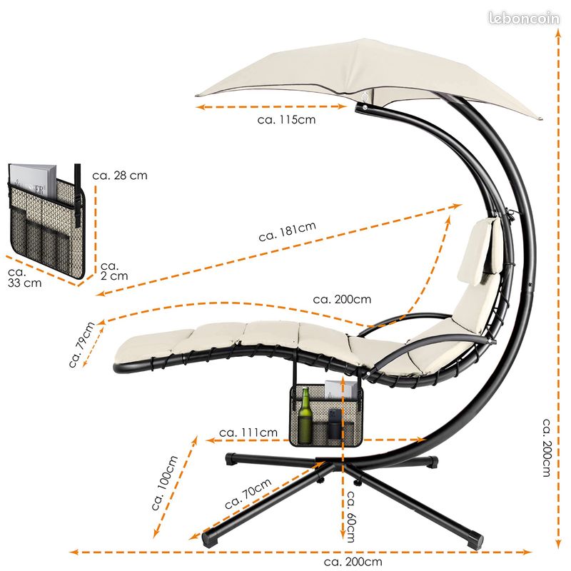 Chaise Longue Flottante avec Parasol : Détente et Confort | Chaise Longue Suspendue pour Jardin et Terrasse | Poids Maximal de 120 kg (image 4)