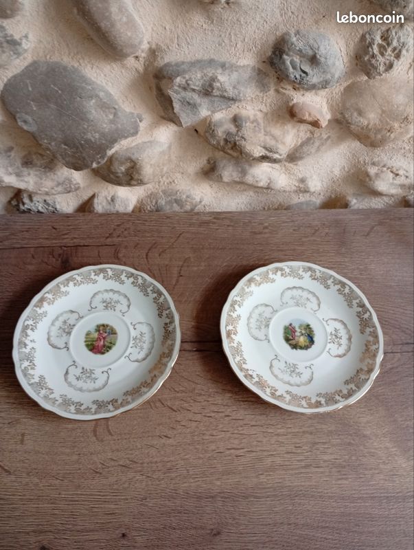 Lot 4 Sous-tasses Vintage Blanc Doré - Porcelaine Berry France - Compagnie Nationale - Occasion