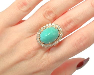 Bague Antique Or Rose 18k - Turquoise Naturelle Et Diamants - Style Marguerite éternité - Taille 46 (circa 1900)