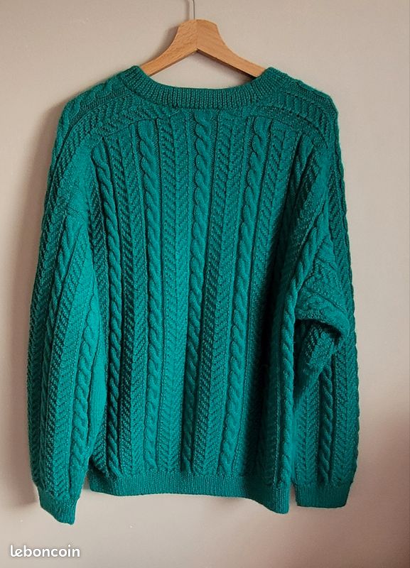 Pull en laine 100% laine vert émeraude style irlandais (Aran) Fait