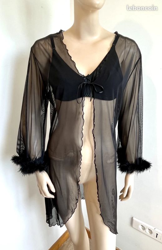 Kimono T40/42 peignoir voile noir transparent Orcanta poignets à plumes 607/ (image 1)